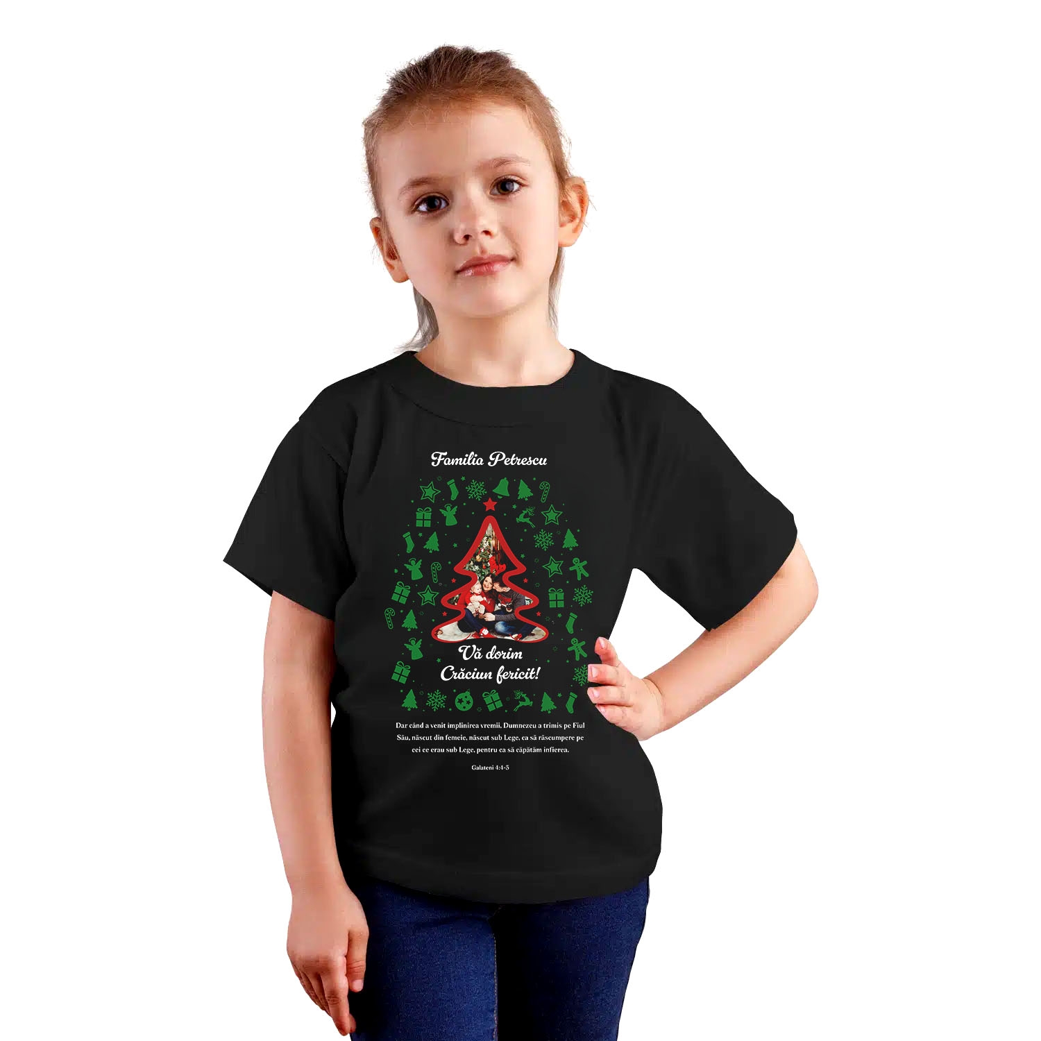 Tricou crestin pentru copii personalizat cu verset biblic, poză și nume - Crăciun