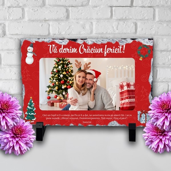 Placă ardezie personalizată cu verset biblic și poză - Crăciun fericit!