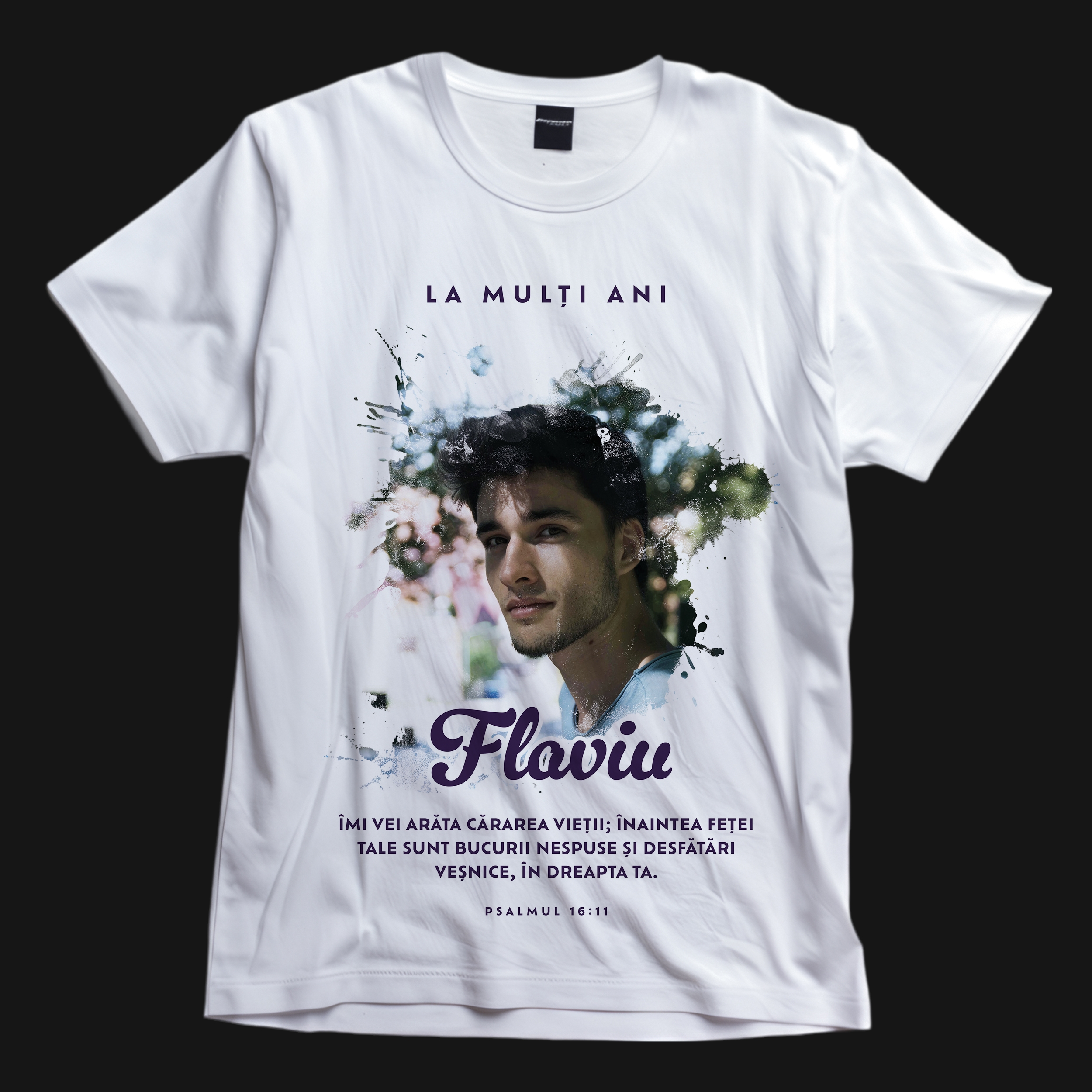 Tricou crestin personalizat cu verset biblic, poză și nume - Zi de naștere