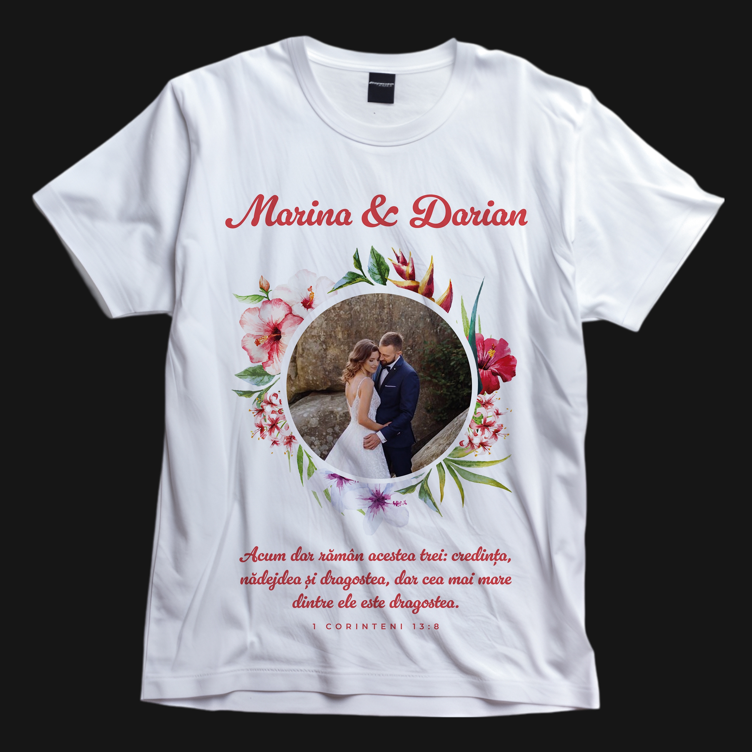 Tricou crestin personalizat cu verset biblic, două nume și poză - Nuntă