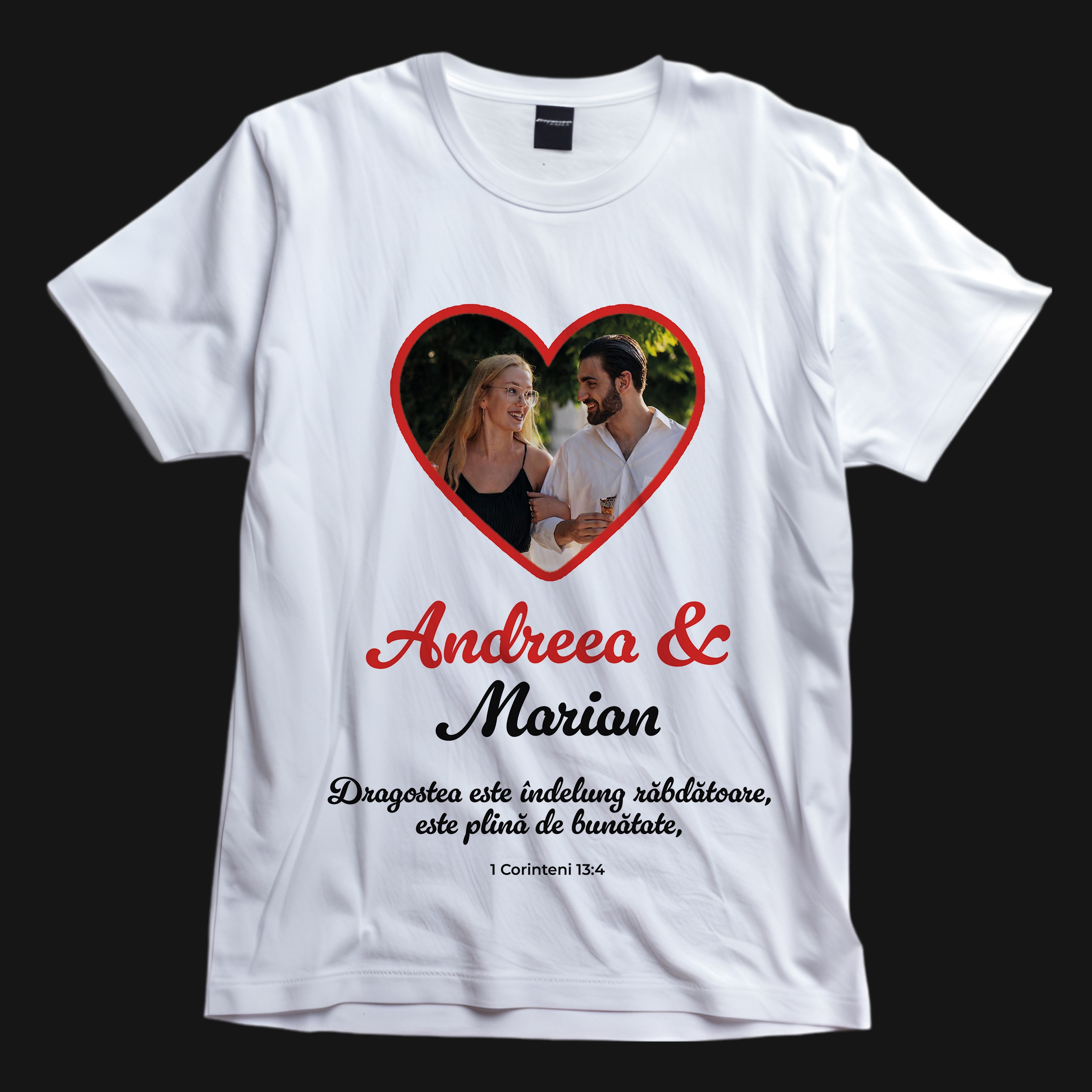 Tricou crestin personalizat cu verset biblic, două nume și poză - Ziua îndrăgostiților