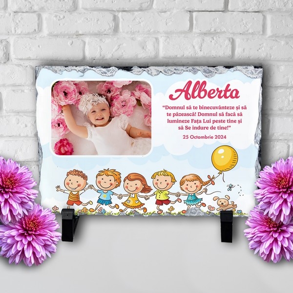 Placă ardezie personalizată cu verset biblic, poză, nume și dată – Binecuvântare copil