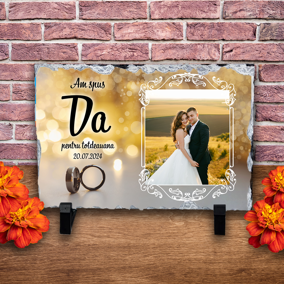 Placă ardezie personalizată cu dată și poză – Nunta