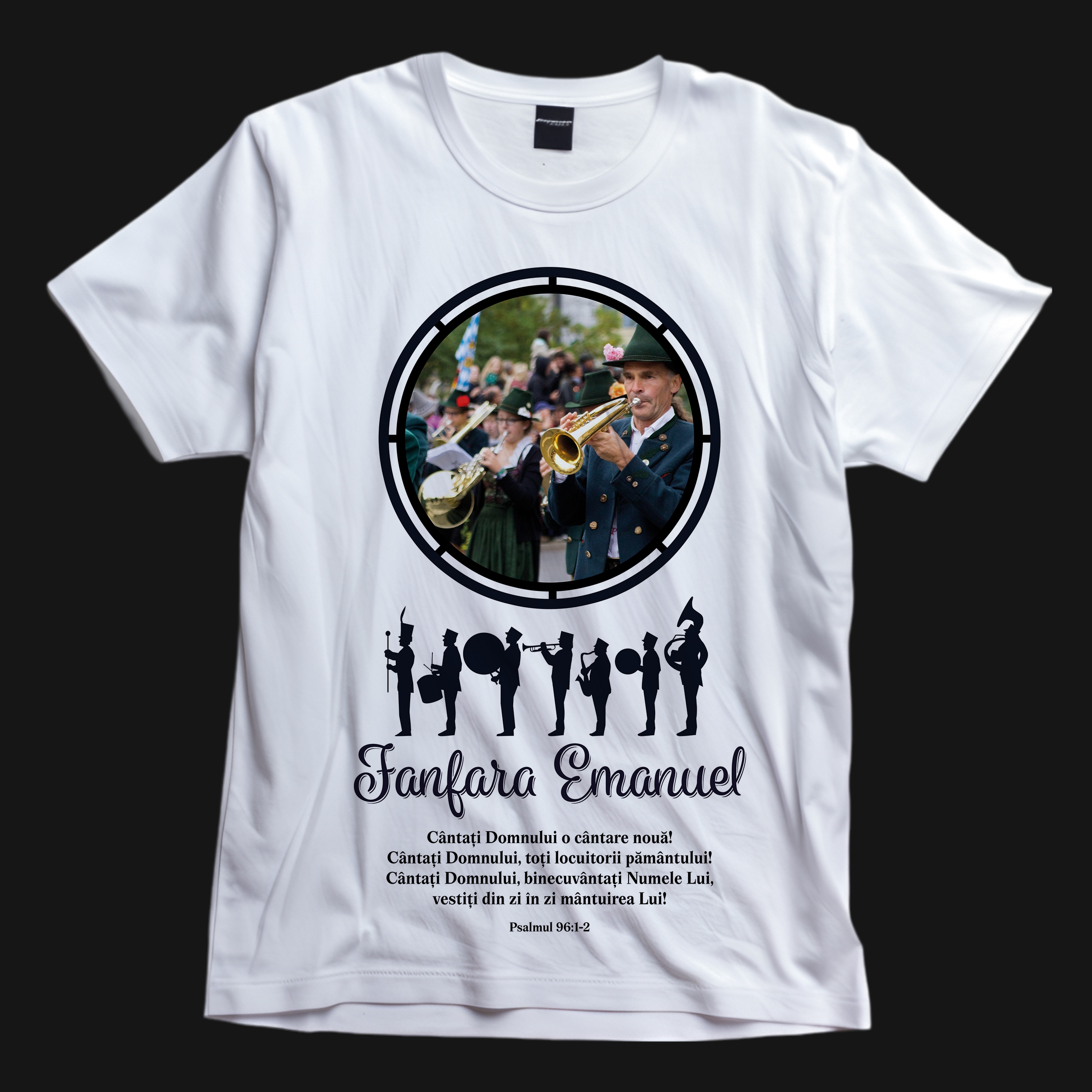 Tricou crestin personalizat cu verset biblic, poză și nume - Fanfară Tricou crestin personalizat cu verset biblic, poză și nume - Fanfară