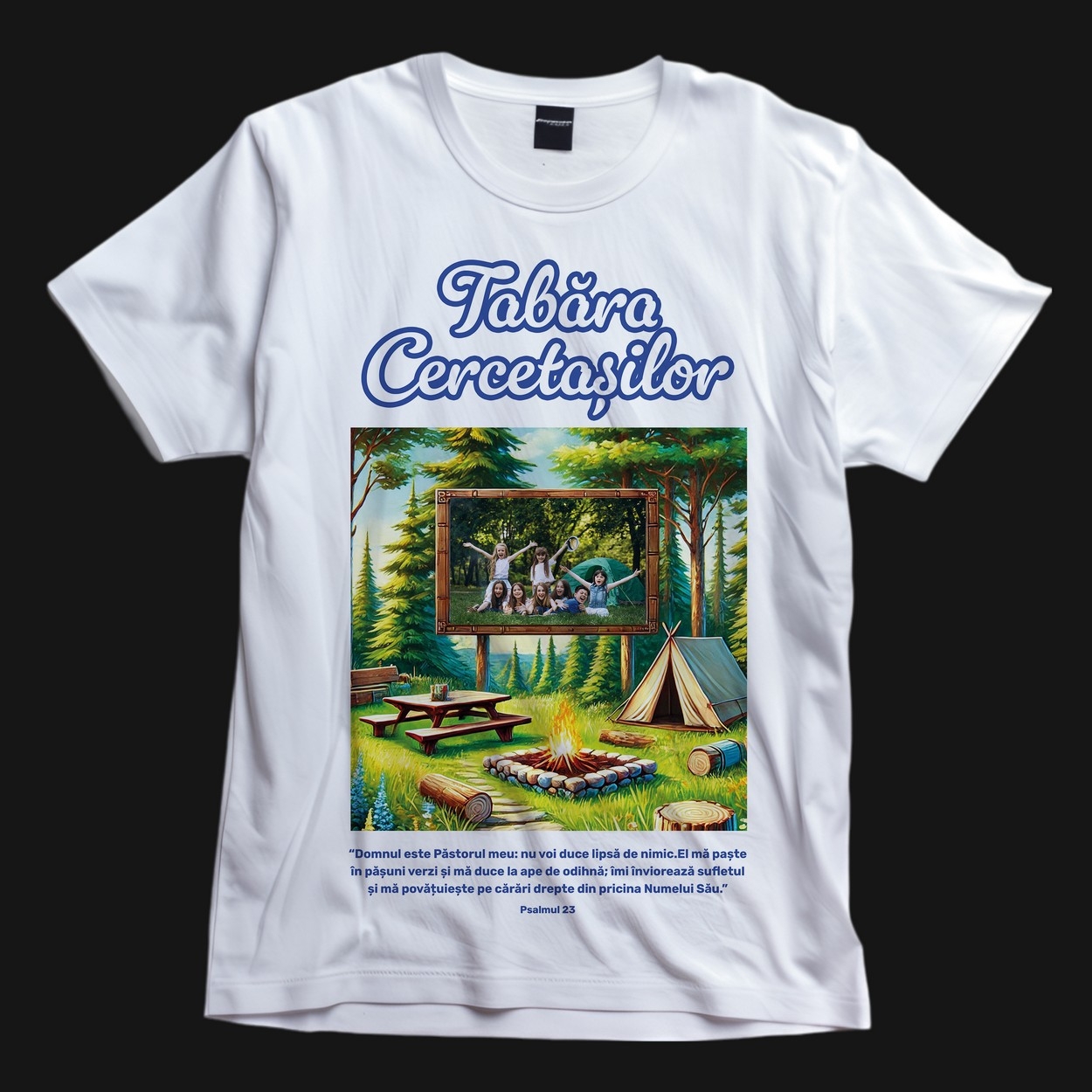 Tricou crestin personalizat cu verset biblic, poză și nume - Tabăra Tricou crestin personalizat cu verset biblic, poză și nume - Tabăra