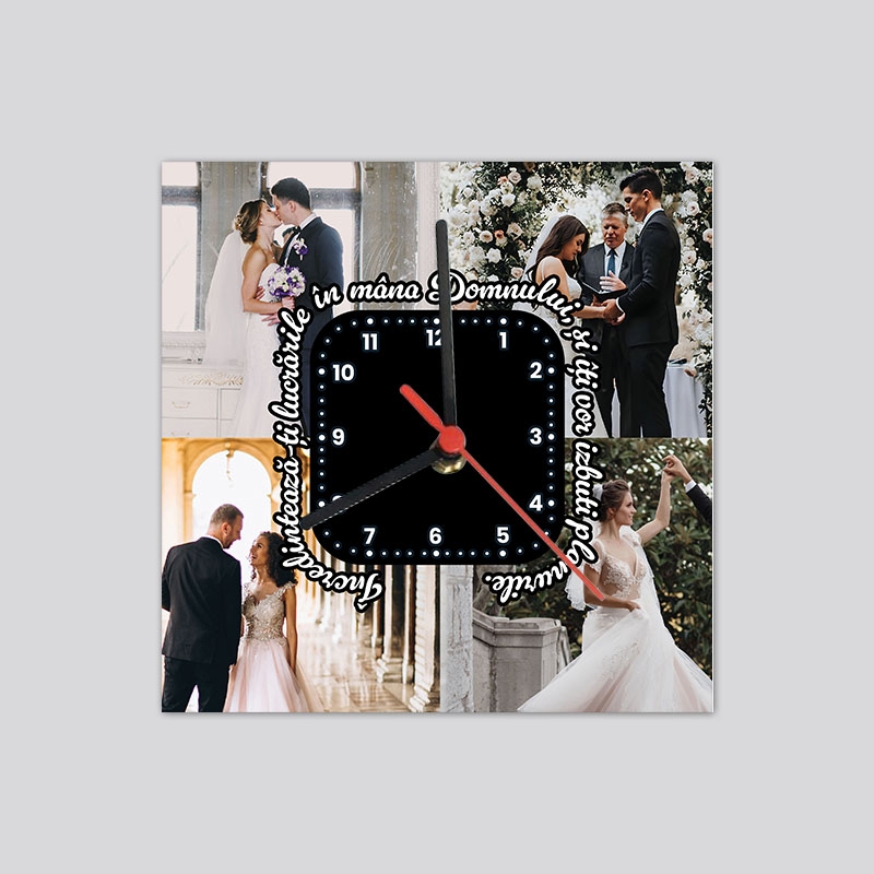 Ceas personalizat cu verset biblic și 4 poze - Nunta