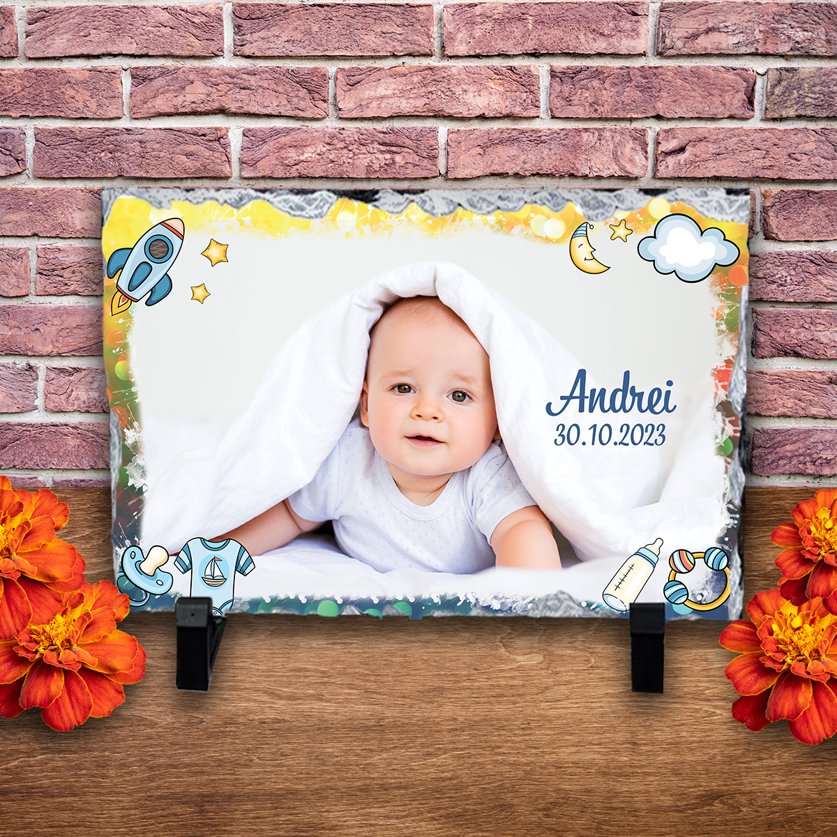 Placă ardezie personalizată – Nou născut (băiat)