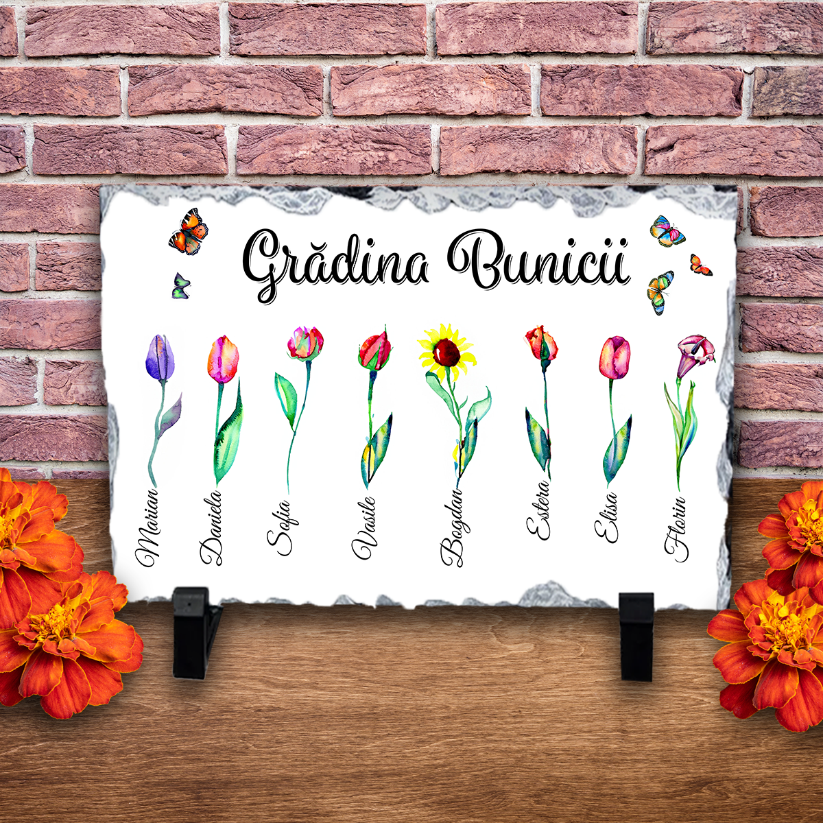 Placă ardezie personalizată cu 8 nume – Grădina bunicii
