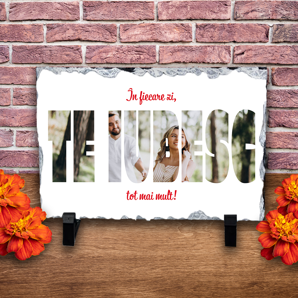 Placă ardezie personalizată cu poză – TE IUBESC