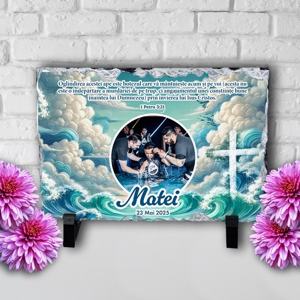 Placă ardezie personalizată cu verset biblic, poză, nume și dată – Botez