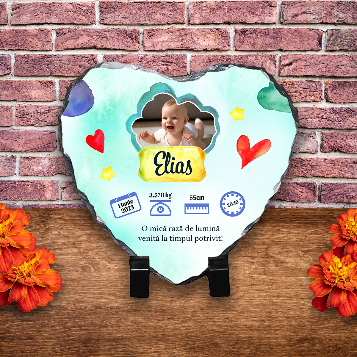 Placă ardezie personalizată cu poză și text – Nou născut