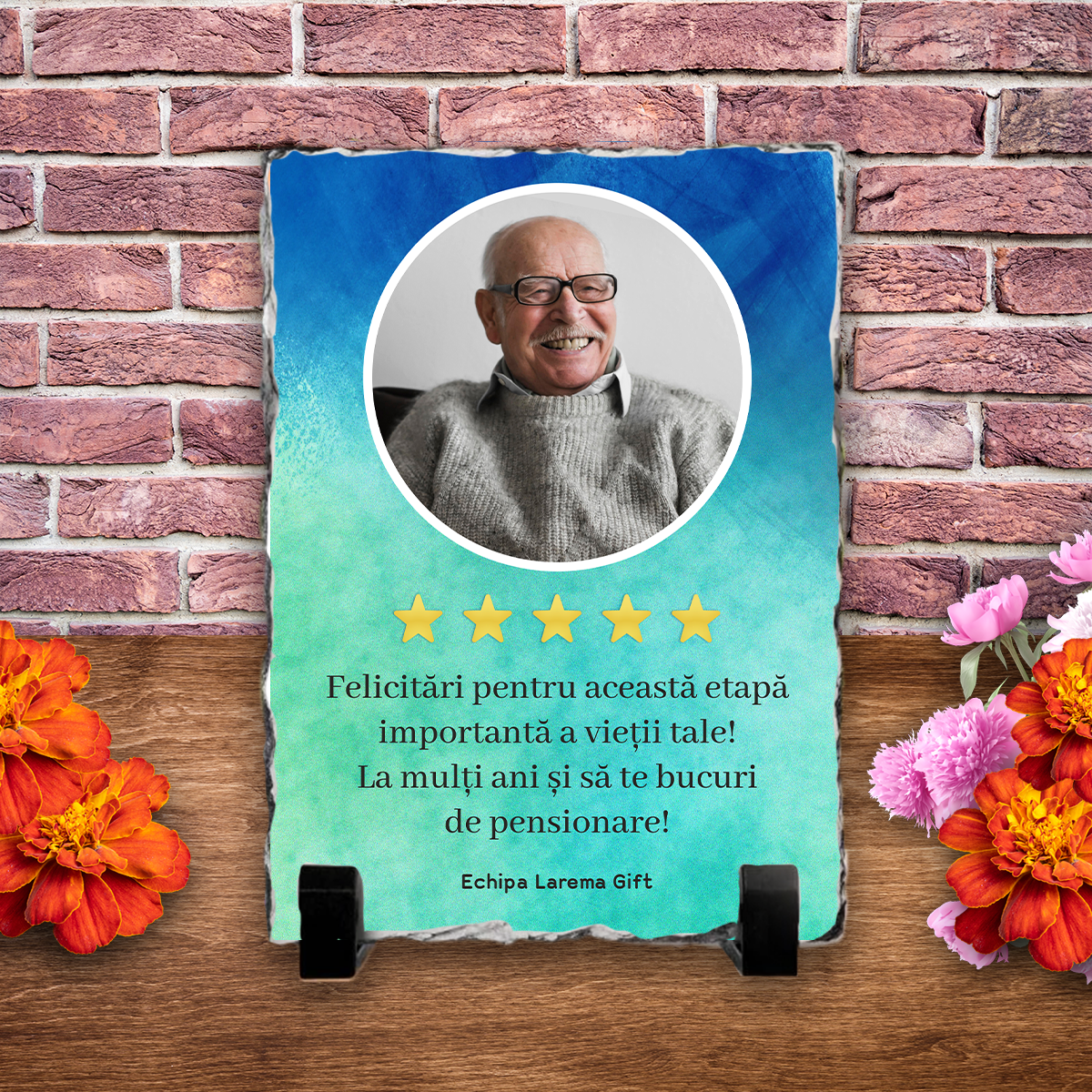 Placă ardezie personalizată cu poză și nume – Pensionare (Bărbat)