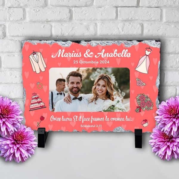 Placă ardezie personalizată cu verset biblic, poză, două nume și dată – Nuntă