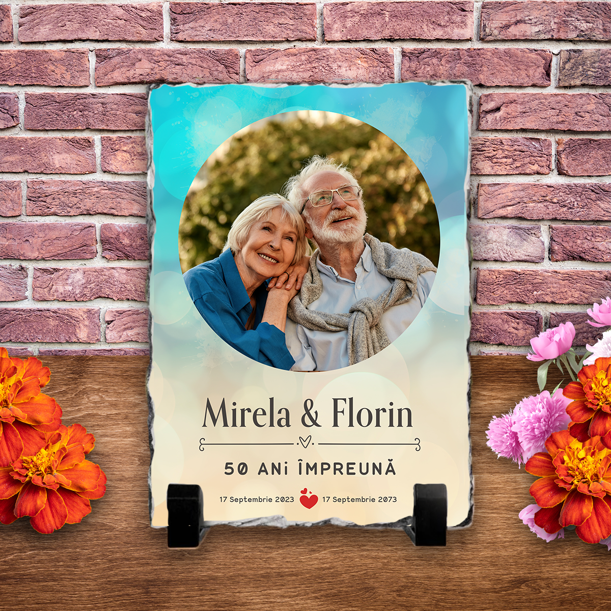 Placă ardezie personalizată cu poză, nume și dată – Aniversare relație