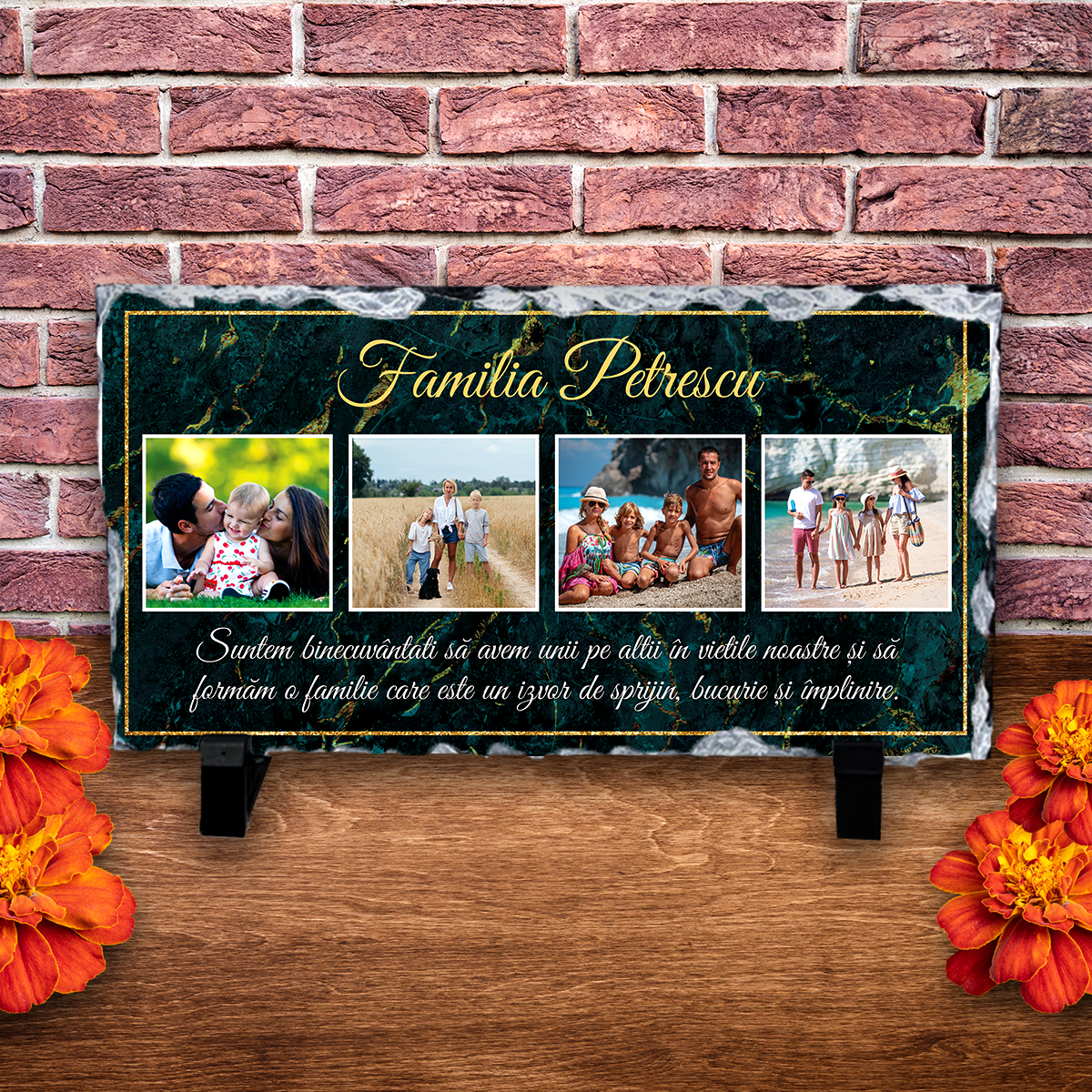 Placă ardezie personalizată cu 4 poze și nume – Familie