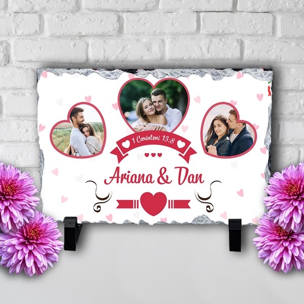 Placă ardezie personalizată cu verset biblic, 3 poze și două nume – Ziua îndrăgostiților