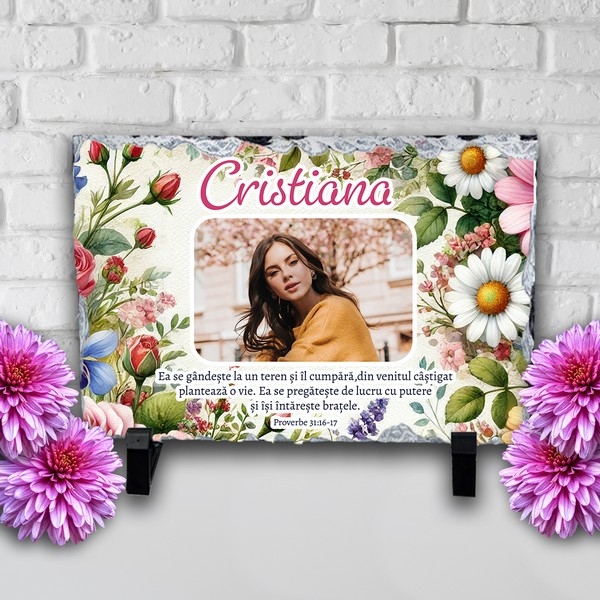Placă ardezie personalizată cu verset biblic, poză și nume – Ziua femeii