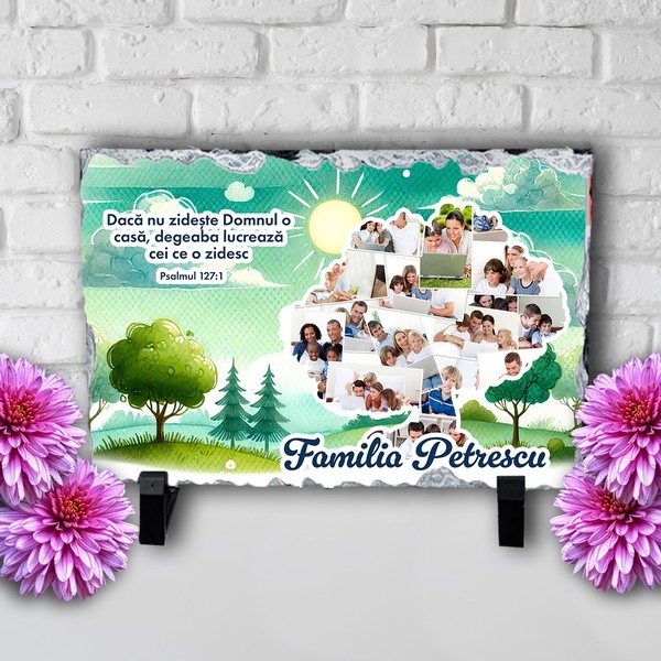 Placă ardezie personalizată cu verset biblic, 15 poze și nume – Familia