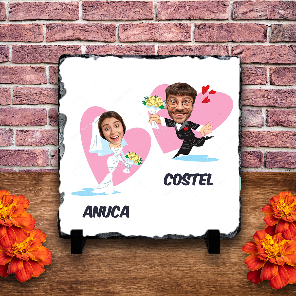 Placă ardezie personalizată cu poză și nume – Caricatură cuplu