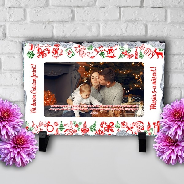 Placă ardezie personalizată cu verset biblic și poză - Mesia s-a născut!