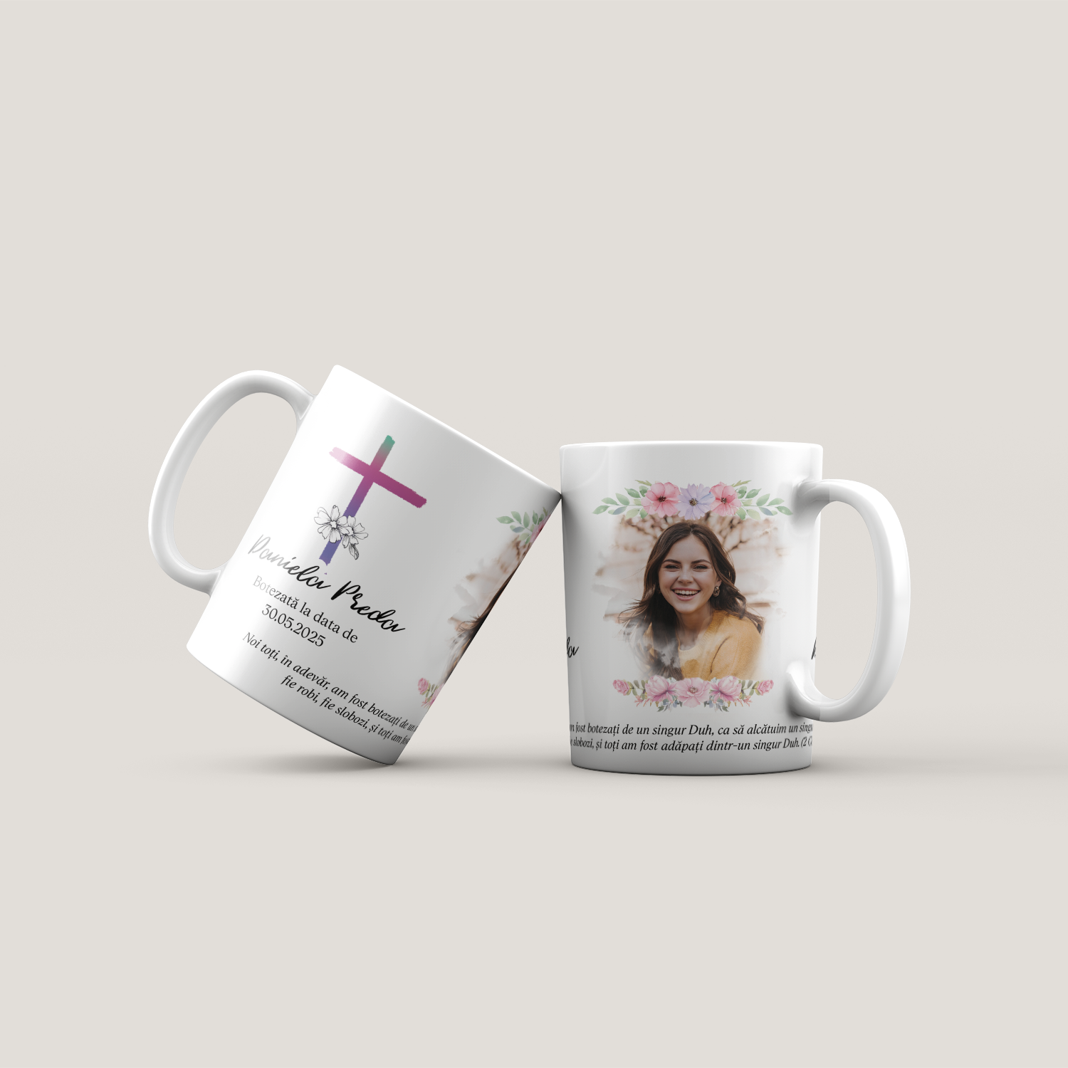 Cană personalizată cu verset biblic, poză, nume și dată - Botez (fată)