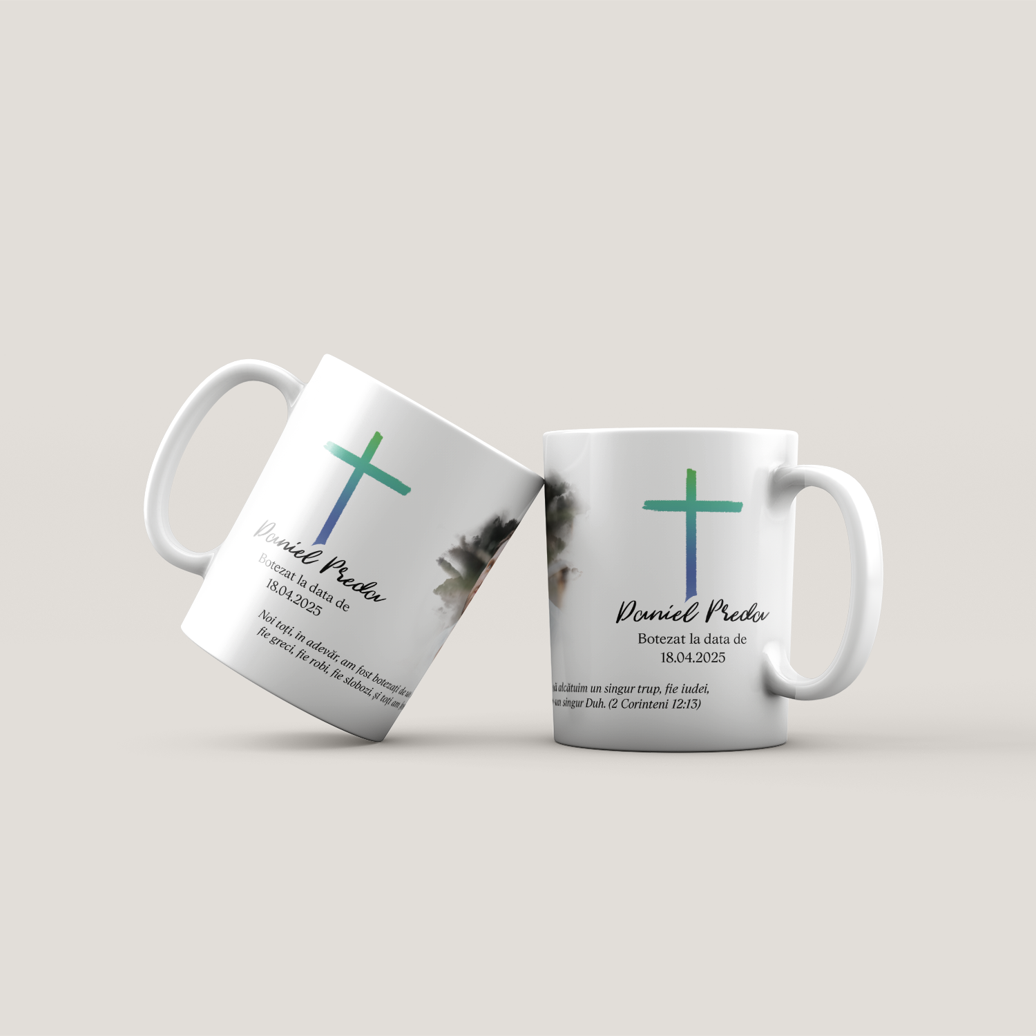 Cană personalizată cu verset biblic, poză, nume și dată - Botez (băiat)