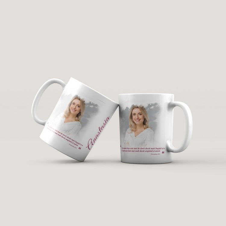 Cană personalizată cu verset biblic, nume și poză pentru femei