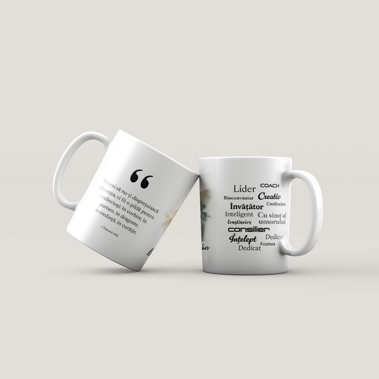 Cană personalizată cu verset biblic, nume și poză - Lider de tineret