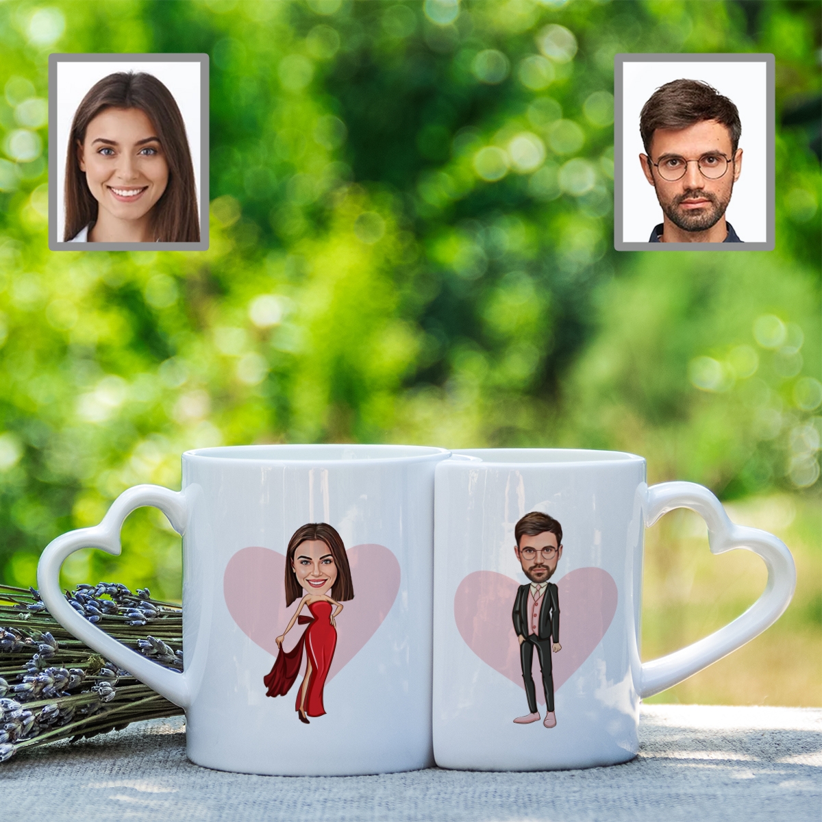 Set două căni personalizate pentru cuplu cu mâner inimă Set două căni personalizate pentru cuplu cu mâner inimă