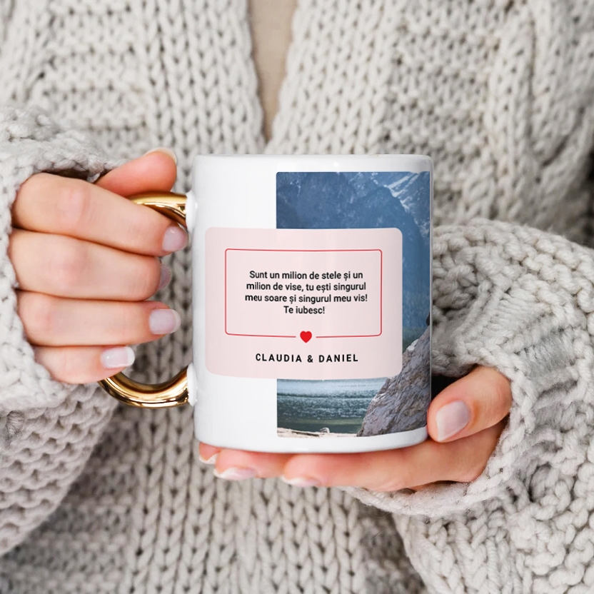 Cană cu mâner auriu personalizata cu 5 poze și doua nume