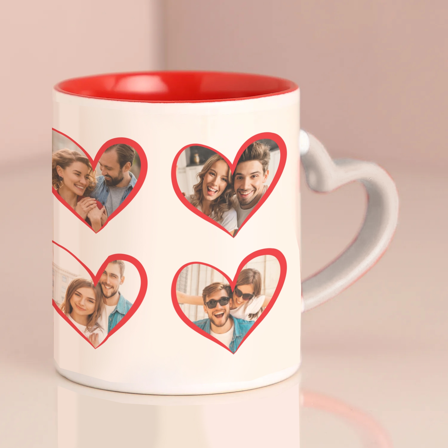 Cană cuplu, personalizată cu toartă inimă și interior color și 8 poze Cană cuplu, personalizată cu toartă inimă și interior color și 8 poze