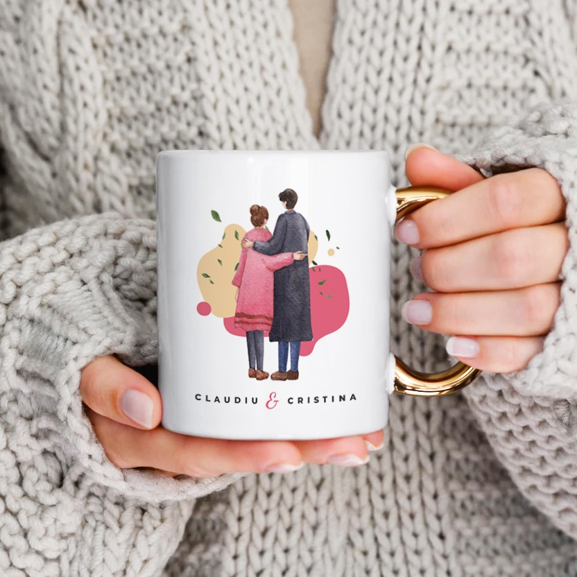 Cană cu mâner auriu personalizata cu 2 nume - Cuplu Cană cu mâner auriu personalizata cu 2 nume - Cuplu
