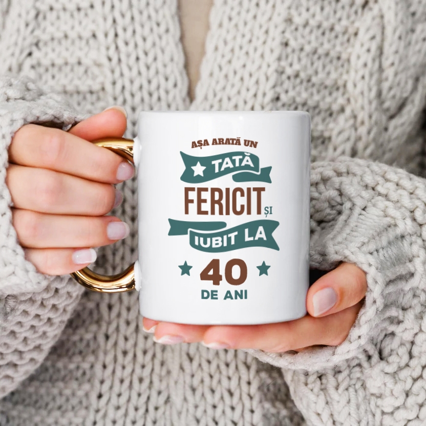 Cană cu mâner auriu personalizata cu poză și nume - Tata