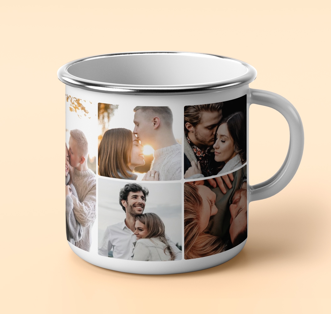 Cană metalică emailată personalizată cu 6 poze și nume – Iubit/ă Cană metalică emailată personalizată cu 6 poze și nume – Iubit/ă