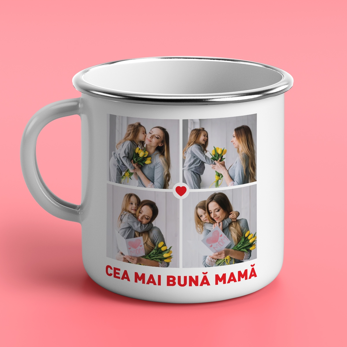 Cană metalică emailată personalizată cu 4 poze – Cea mai bună mamă Cană metalică emailată personalizată cu 4 poze – Cea mai bună mamă