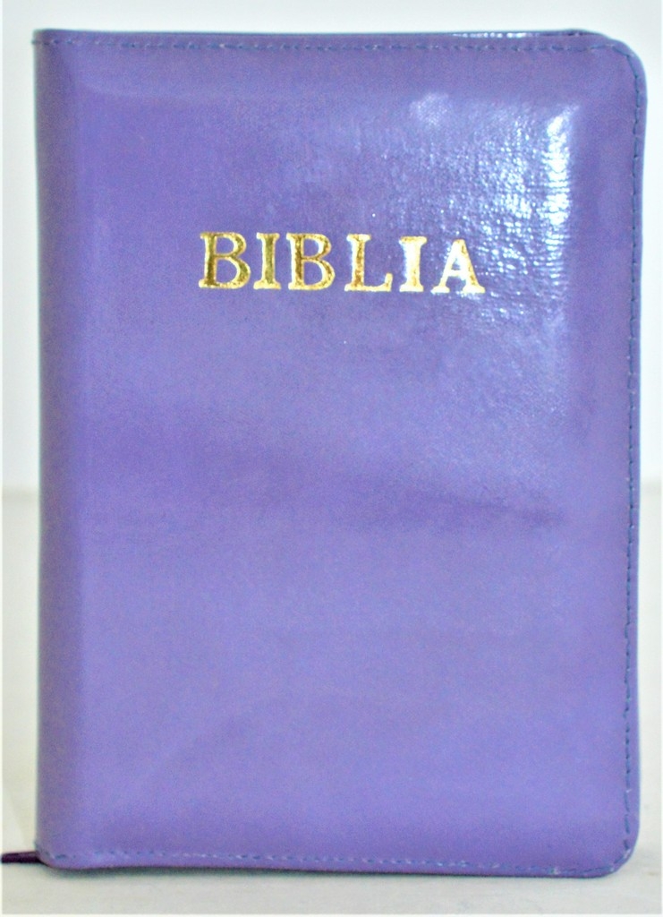 Biblie din piele, marime medie,culoare,violet pal, fermoar, index, margini aurii, cuv. lui Isus cu rosu [SB 057 PFI]