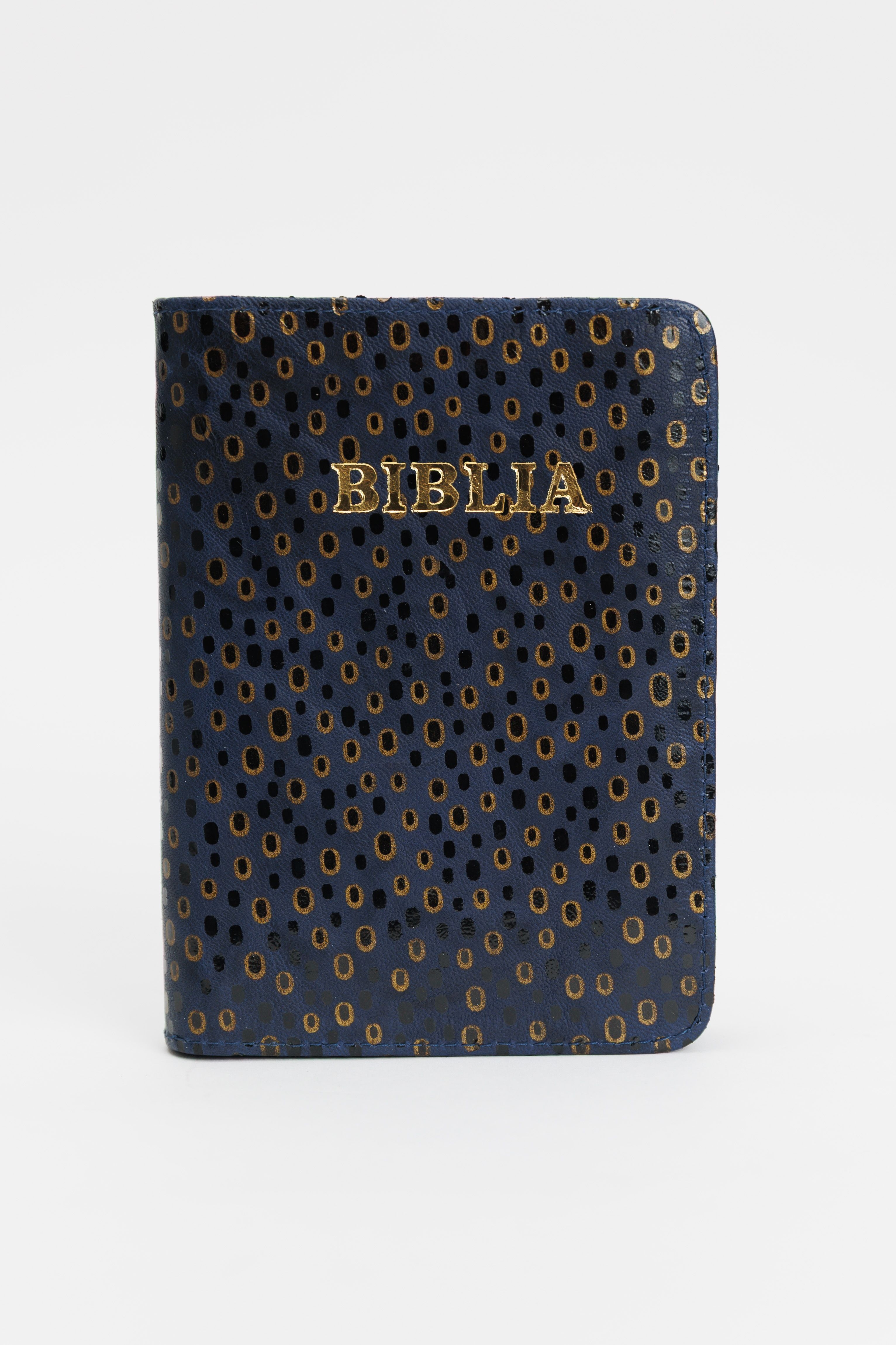 Biblia mica, coperta piele, bleumarin cu buline, index, fermoar, margini aurii, cuv. lui Isus in rosu [047 PFI]