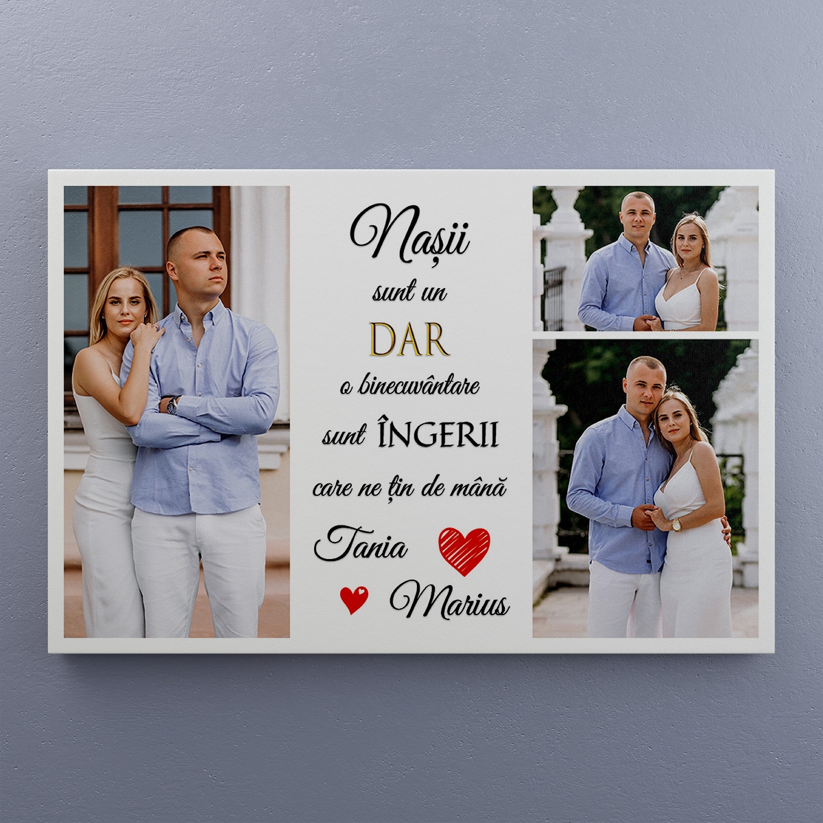 Tablou personalizat pentru nași, cu trei poze și două nume Tablou personalizat pentru nași, cu trei poze și două nume