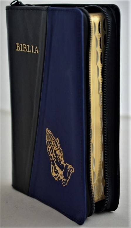 Biblie din piele, marime medie, negru cu albastru indigo, fermoar, index, margini aurii, simbol maini in rugaciune,  cuv. lui Isus cu rosu [SB 057 PFI]