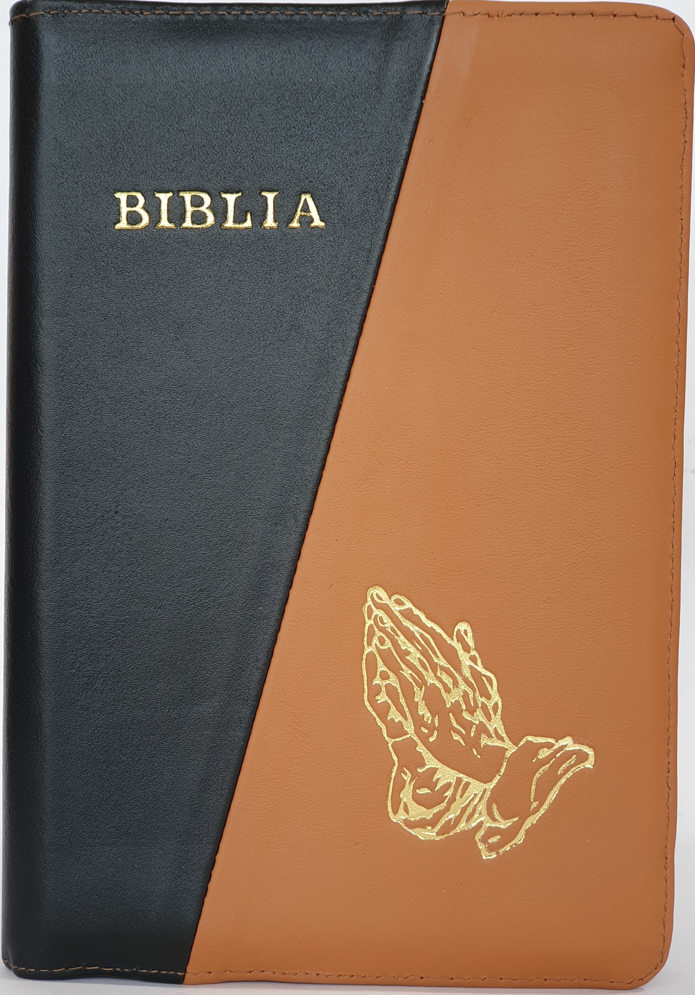 Biblie din piele, marime medie, culoare negru cu mustariu, simbol maini in rugaciune, fermoar, index, margini aurii, cuv. lui Isus cu rosu [SB 057 PFI]
