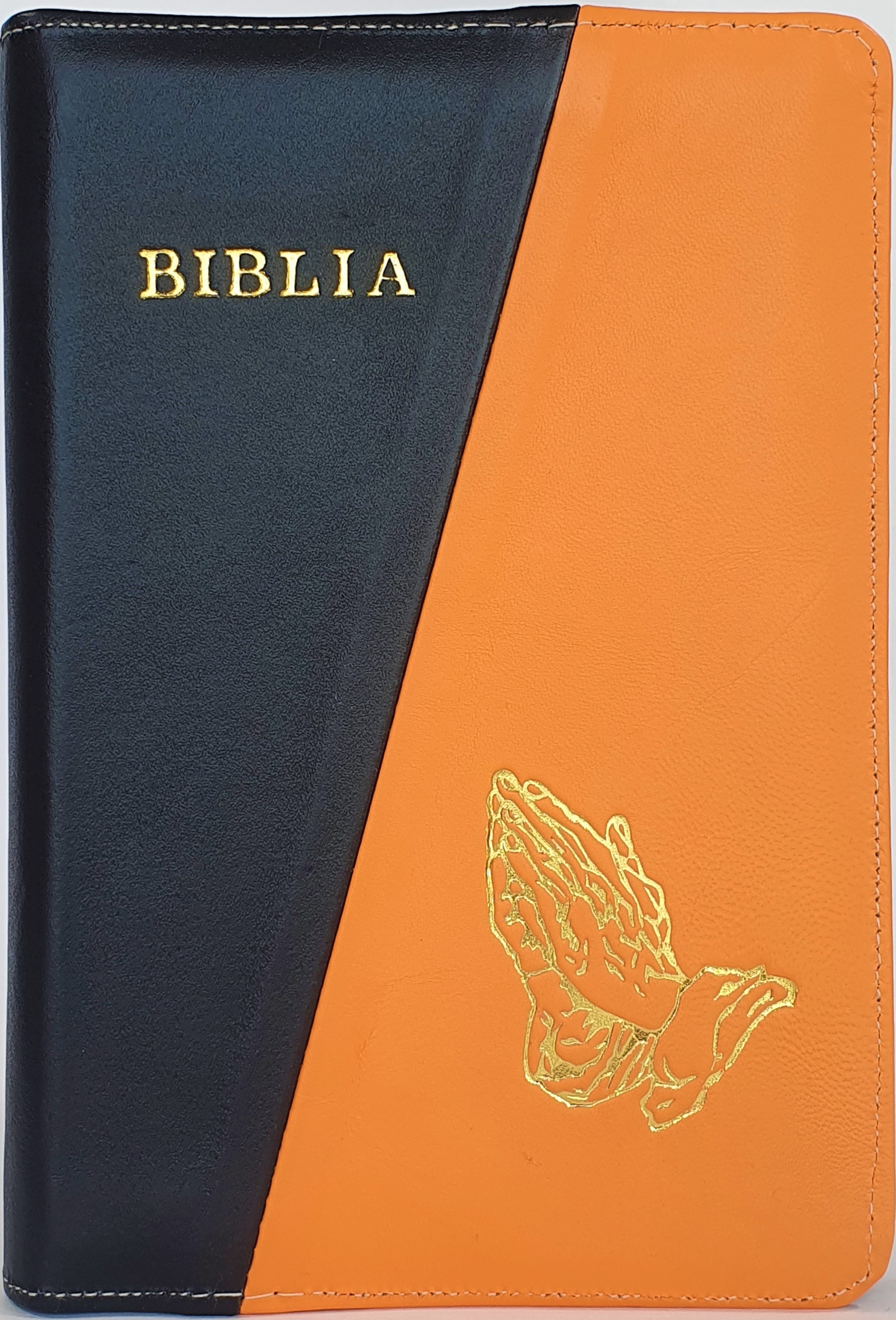 Biblie din piele, marime medie, culoare negru cu portocaliu, simbol maini in rugaciune, fermoar, index, margini aurii, cuv. lui Isus cu rosu [SB 057 PFI]