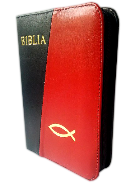 Biblie marime mica, piele,culoare negru cu rosu, index, fermoar, margini aurii, cuv. lui Isus in rosu,simbol peste [047 PFI]