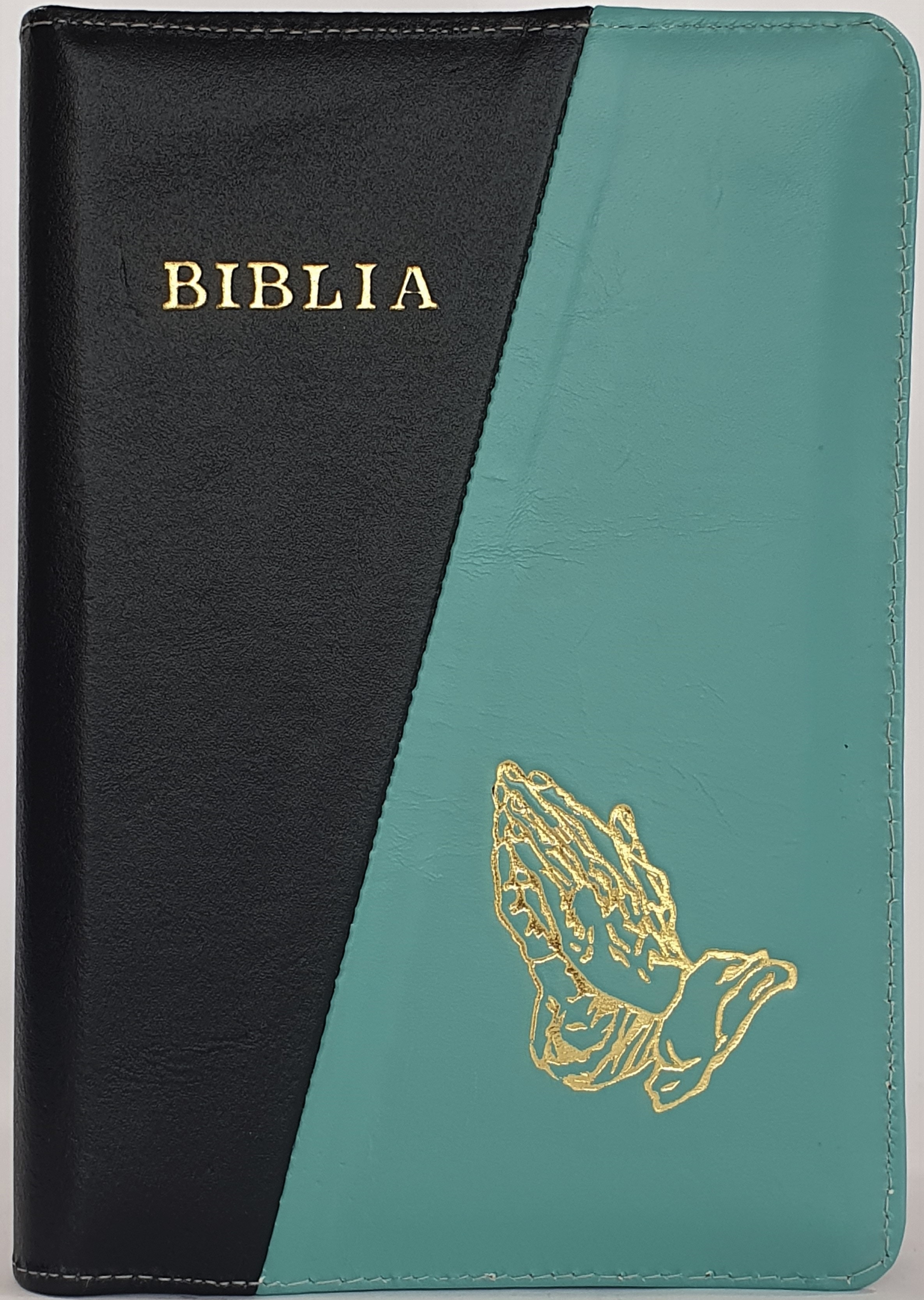 Biblia din piele, marime medie, culoare negru cu turcoaz, fermoar,margini albe,simbol maini in rugaciune, cuv. lui Isus cu rosu [053]