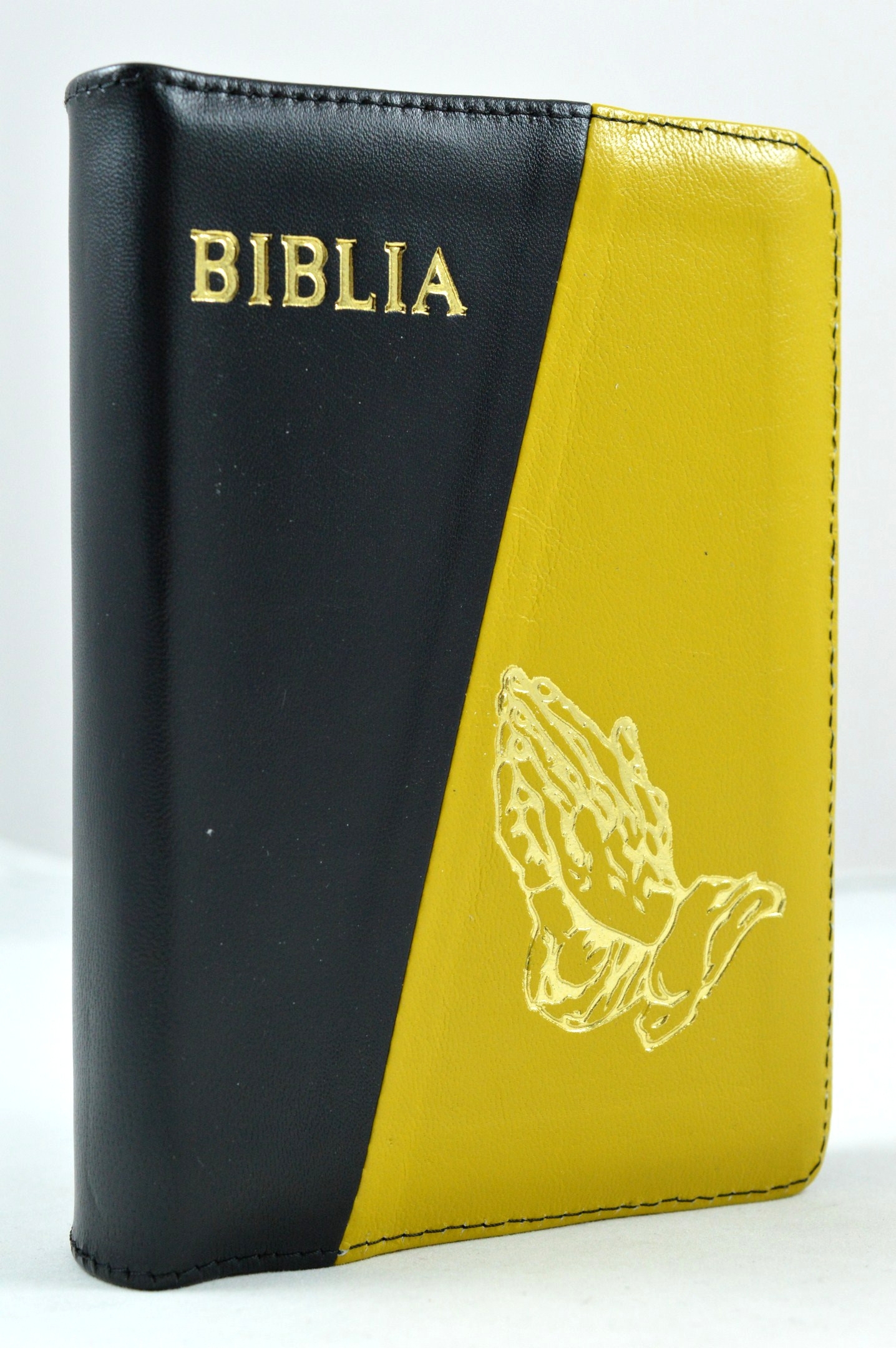 Biblia format mic, din piele, culoare negru cu galben, index, fermoar, margini argintii, simbolul maini in ruga, cuv. lui Isus in rosu [047 PFI]