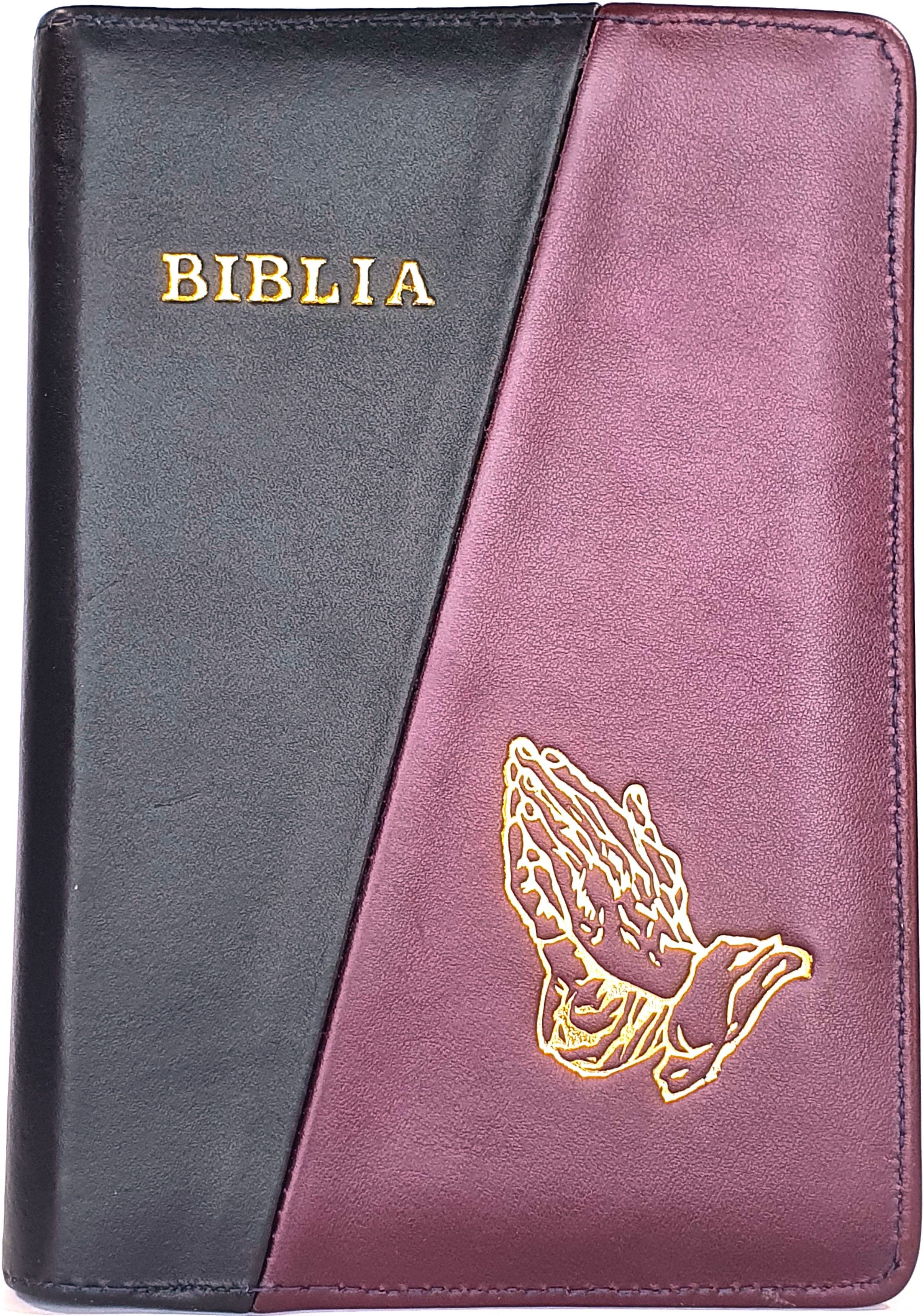 Biblie din piele, marime medie, culoare negru cu mov inchis, simbol maini in rugaciune, fermoar, index, margini aurii, cuv. lui Isus cu rosu [SB 057 PFI]
