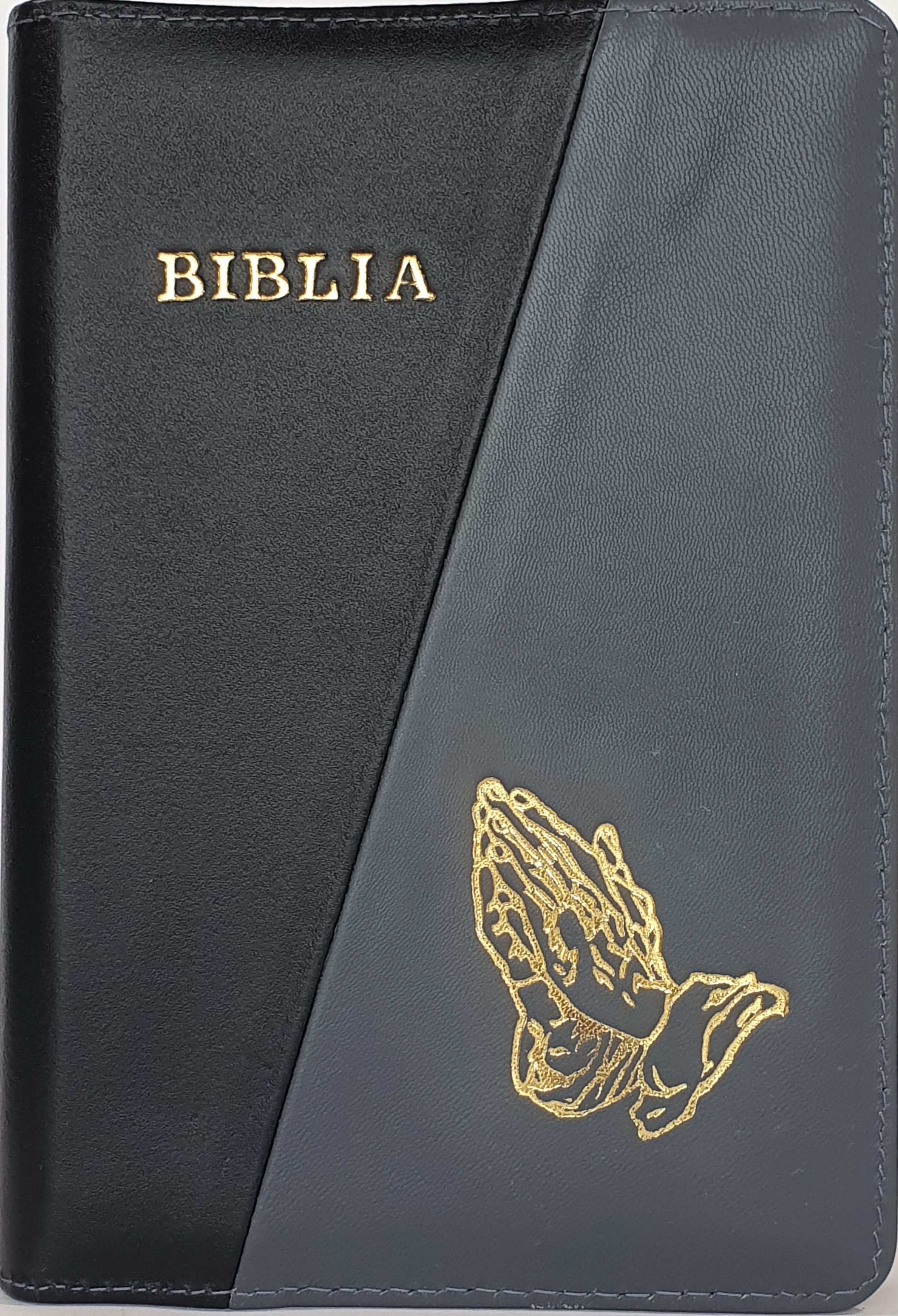 Biblia din piele, marime medie, culoare negru cu gri antracit, fermoar,margini albe,simbol maini in rugaciune, cuv. lui Isus cu rosu [053]