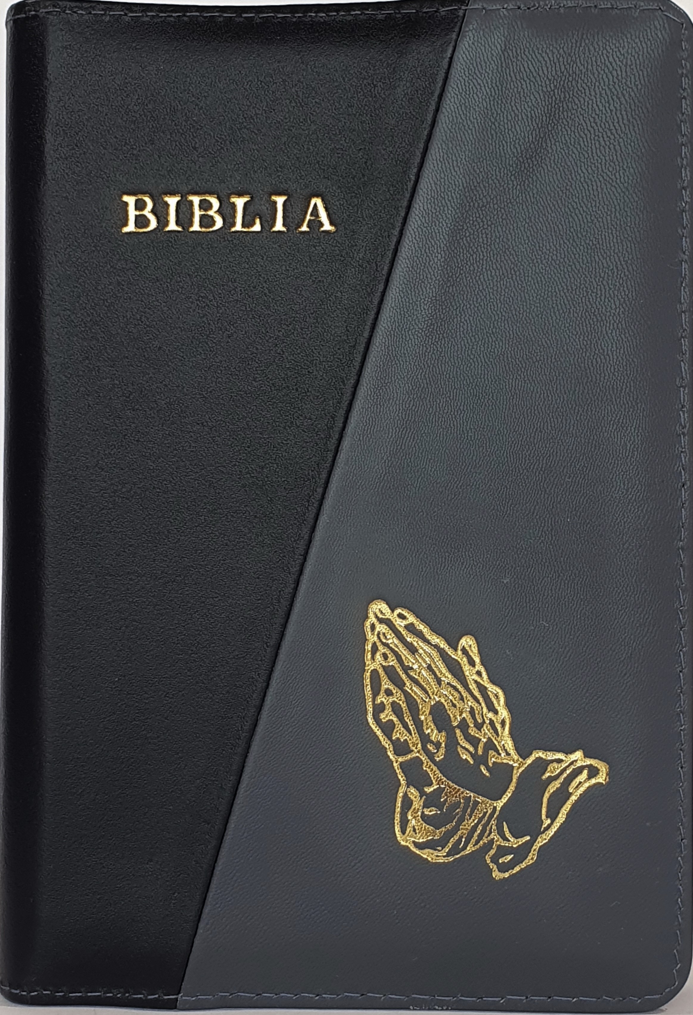Biblie din piele, marime medie, culoare negru cu gri antracit, simbol maini in rugaciune, fermoar, index, margini aurii, cuv. lui Isus cu rosu [SB 057 PFI]