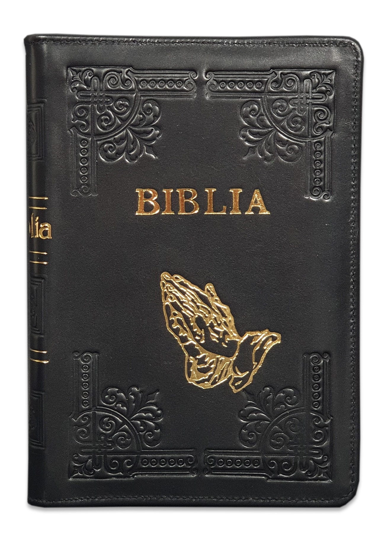 Biblia din piele, handmade, marime medie, culoare negru, margini aurii cu index,fermoar, simbol maini in rugaciune, cuv. lui Isus cu rosu [057 HM]