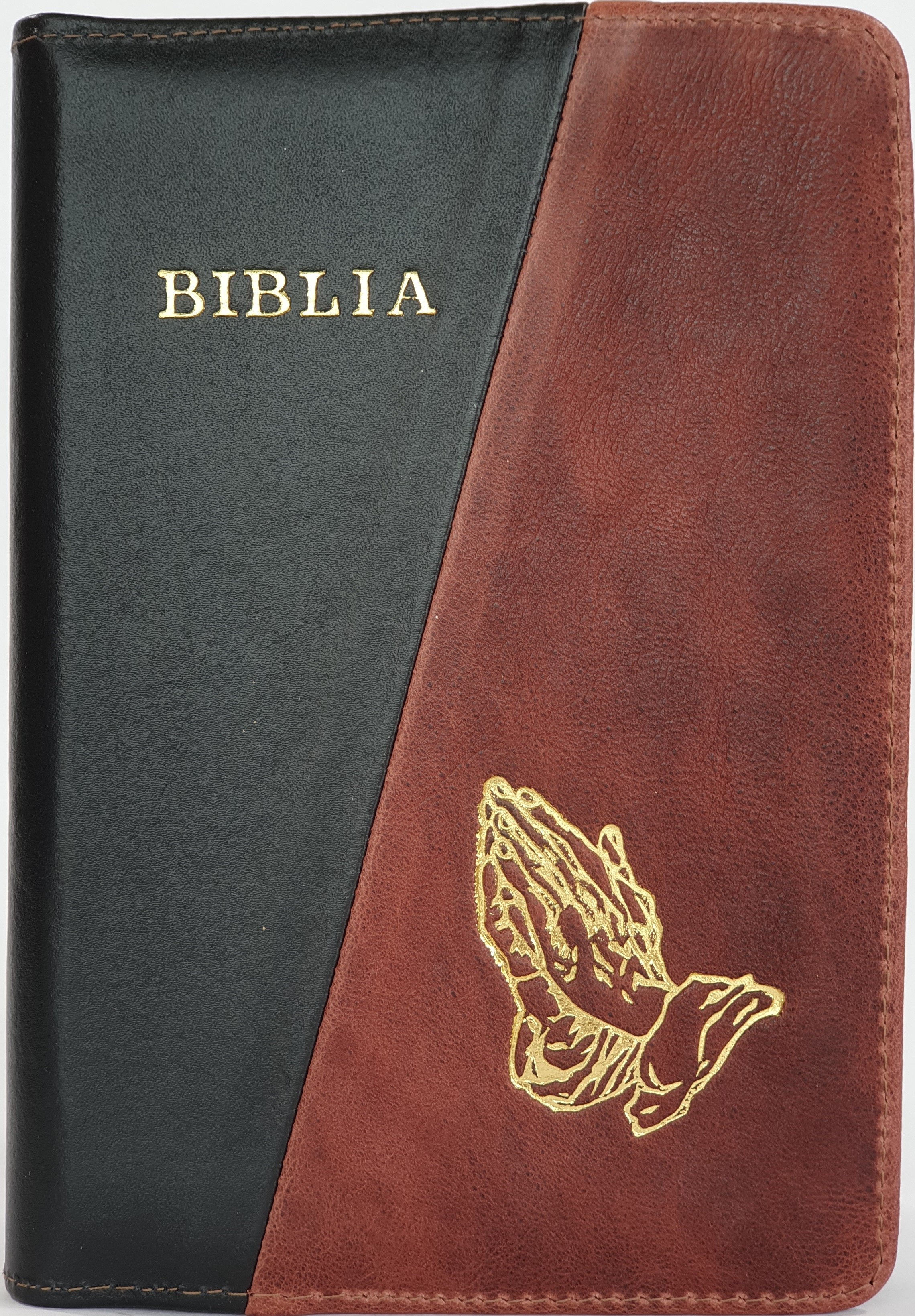 Biblie din piele, marime medie, culoare negru cu maro roscat, simbol maini in rugaciune, fermoar, index, margini aurii, cuv. lui Isus cu rosu [SB 057 PFI]