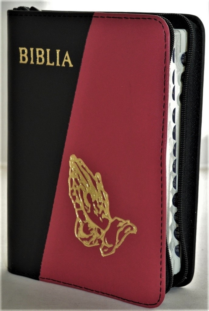 Biblie marime mica, piele,culoare negru cu roz inchis, index, fermoar, margini aurii, cuv. lui Isus in rosu,simbol maini in rugaciune [047 PFI]